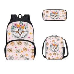 SEANATIVE Schultaschen für Kinder, Teenager, Rucksack mit Lunchbox und Federmäppchen, 3-teilig, Katzenblume von SEANATIVE