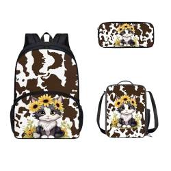SEANATIVE Schultaschen für Kinder, Teenager, Rucksack mit Lunchbox und Federmäppchen, 3-teilig, Kuh-Katze von SEANATIVE