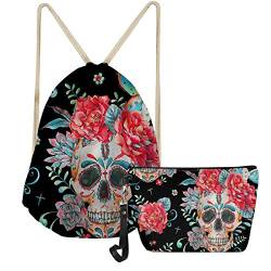 SEANATIVE Sugar Rose Skull Damen Rucksack mit Kordelzug und PU-Leder Makerup-Tasche Set von SEANATIVE
