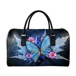 SEANATIVE Weekend Reisetasche für Damen Herren Duffle Totes PU Leder Gepäck Tasche Große Kapazität Organizer Lagerung, blau mit schmetterlingen von SEANATIVE