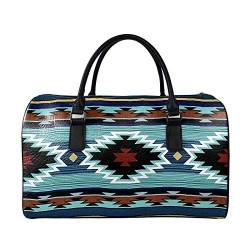 SEANATIVE Wochenend-Reisetasche für Damen und Herren, PU-Leder, Gepäcktasche, großes Fassungsvermögen, Organizer, Blaues Aztekenmuster von SEANATIVE