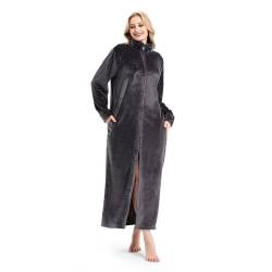 SEASHORE TREE Bademantel aus Flanell-Herren und Damenbademäntel mit Reißverschluss-leicht Damen Winter Fleece Bademantel-Hausmantel-Saunamantel-Weich Flauschig Lang Handtuch(Dunkelgrau, L) von SEASHORE TREE