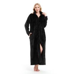 SEASHORE TREE Bademantel aus Flanell-Herren und Damenbademäntel mit Reißverschluss-leicht Damen Winter Fleece Bademantel-Hausmantel-Saunamantel-Weich Flauschig Lang Handtuch (Schwarz, L) von SEASHORE TREE