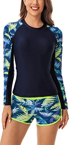 Badeshorts Damen Zweiteilige Fashion Langärmeliges Badeshirt Print UPF 50+ Schwimmen Rash Guard Set Tankini Top Shorts Boyshorts von SEAUR