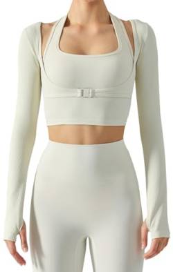 Damen Langarm Yoga Cropped Tops Ausschnitt Workout Fitness Crop Tops Stretch Sport Tee Gym Athletic Tops mit Daumenloch von SEAUR