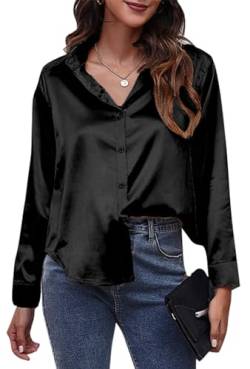 Damen Satin Button Down Shirts Elegant V Ausschnitt Seidige Hemden Casual Langarm Arbeit Blusen Tunika Top, Schwarz , 48 von SEAUR