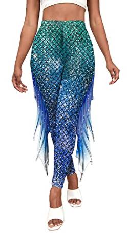 Frauen Mermaid Scale Skinny Pants High Waist Schlaghose Stretch Bequeme Lange Hose Karnevalskostüm M von SEAUR