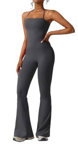 SEAUR 2-In-1 Sport Jumpsuit Damen Lang Flare Hose Einteiler Workout Overall Eng Yoga Jumpsuits Neckholder Stretch - M von SEAUR