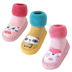 SEAUR 3 Paar Baby Hüttenschuhe Kleinkinder Socken mit Karikatur Muster Rutschfeste Laufschuhe Socken für Neugeborene Kleinkinder Farbe 2 24-30 Monate von SEAUR