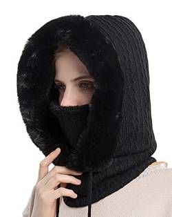 SEAUR 3 in 1 Schlupfmütze Damen Sturmhaube Fleece Gefüttert Wintermütze Strickmütze Skimütze Warm Balaclava Fahrrad Mütze Schal Gesichtsmaske - Schwarz von SEAUR