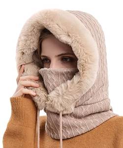 SEAUR 3 in 1 Sturmhaube Damen Schlupfmütze Fleece Gefüttert Wintermütze Strickmütze Skimütze Warm Balaclava Fahrrad Mütze Schal Gesichtsmaske - Beige von SEAUR