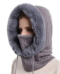 SEAUR 3 in 1 Sturmhaube Damen Schlupfmütze Fleece Gefüttert Wintermütze Strickmütze Skimütze Warm Balaclava Fahrrad Mütze Schal Gesichtsmaske - Grau von SEAUR