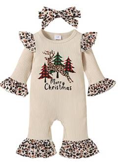 SEAUR Baby Mädchen Weihnachtskleid Weihnachtsoverall Set mit Stirnband Weihnachtsspielanzug Outfits für Säuglinge Kleinkinder Beige 6-9 Monate von SEAUR