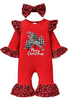 SEAUR Baby Mädchen Weihnachtskleid Weihnachtsoverall Set mit Stirnband Weihnachtsspielanzug Outfits für Säuglinge Kleinkinder Rot 6-9 Monate von SEAUR