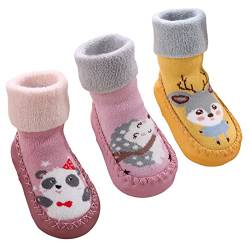 SEAUR Baby Socken Winter Hüttenschuhe Gefüttert Socken 3 Paar Kleinkind Bodensocken Haussocken Hausschuhe - 6-12 Monate - 19-20 EU von SEAUR
