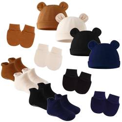 SEAUR Babymütze Newborn Baby Handschuhe Socken Set Neugeborene Mädchen Jungen 0-6 Monate Süß Beanie Hut Baumwolle Weich Stretch von SEAUR