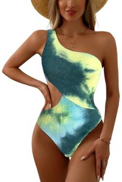 SEAUR - Badeanzug für Damen, einteiliger Badeanzug, Ausschnitt, gerippte Bademode, einschultrig, Bikini, Blau 2, XL von SEAUR