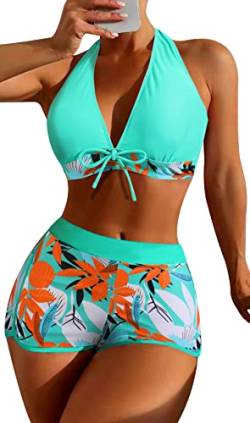 SEAUR Bikini Set Damen Zweiteiliger Badeanzug Badeshorts mit Bikini Top Oberteil Blumenmuster Sommer Bademode Two Piece Swimsuit Swim Shorts Schwimmbad Pool Strand - L von SEAUR