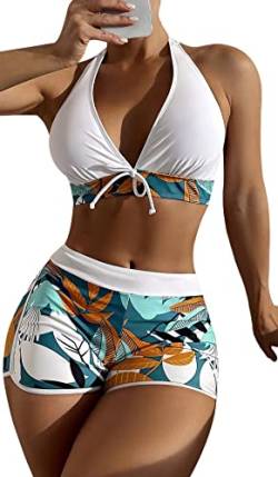 SEAUR Bikini Set Damen Zweiteiliger Badeanzug Badeshorts mit Bikini Top Oberteil Blumenmuster Sommer Bademode Two Piece Swimsuit Swim Shorts Schwimmbad Pool Strand - L von SEAUR