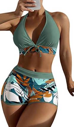 SEAUR Bikini Set Damen Zweiteiliger Badeanzug Badeshorts mit Bikini Top Oberteil Blumenmuster Sommer Bademode Two Piece Swimsuit Swim Shorts Schwimmbad Pool Strand - S von SEAUR