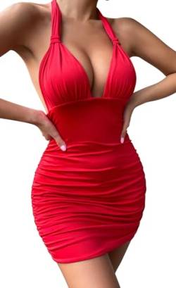 SEAUR Bodycon Kleid Damen Sexy Neckholder Partykleid Eng Kurz Sommerkleid Tief V-Ausschnitt Minikleid Einfarbig Party Clubwear - L von SEAUR