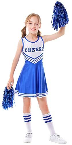 SEAUR Cheerleader Kostüm Kinder Mädchen 100-150cm mit Pompoms Socken Cheerleadering Outfit Äremllos Tanzkleid Party Fasching Karneval Kostüm - Blau - Gr. 130 von SEAUR