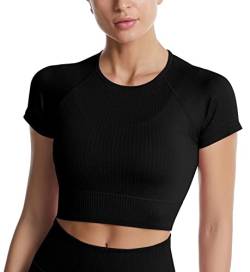 SEAUR Crop Top Damen Kurzarm Sport Oberteil Eng Kurz Fitness Shirt Bauchfrei T-Shirts Yoga Gym Sportshirt Short Sleeve Laufshirt - M von SEAUR