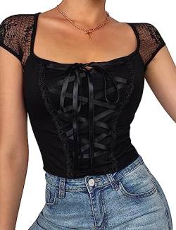 SEAUR Crop Top Damen Y2k Gothic Bauchfrei Tank Top Schnürung Oberteil Kurzarm Club Party Streetwear T-Shirt Emo Grunge Outfit - S von SEAUR