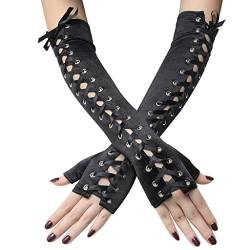 SEAUR Damen Armstulpen Schwarz Goth Punk Handschuhe Satin Fingerlos Armwärmer mit Schnürung für Cosplay Karneval Party Halloween Kostüm - 1 Paar von SEAUR