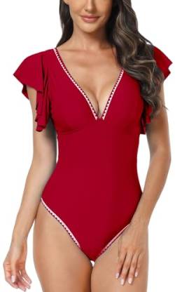 SEAUR Damen Badeanzug V Ausschnitt Rückenfrei Badeanzug mit Cups Elegante Badebekleidung Bademode mit Rüschen Figurformend Strandmode B-Rot XL von SEAUR