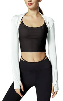 SEAUR Damen Boleros Langen Ärmeln Kurzärmlige Strickjacke mit Daumenlöchern Elastischer Bolero Achselzucken für Yoga Tanz Fitness Weiß M von SEAUR