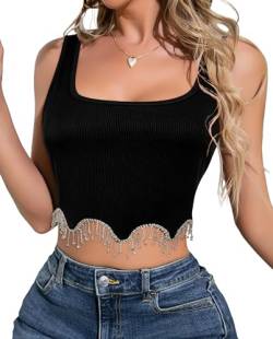 SEAUR Damen Crop Top mit Funkelnd Strass Ärmellos Sexy Tank Tops Fransen Gestrickt Corset Y2K Party Oberteil Schwarz XXL von SEAUR