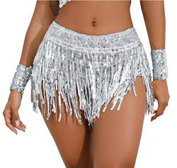 SEAUR Damen Fransenrock Glitzer Pailletten Tanzrock mit Shorts Latein Bauchtanz Fransen Rock Hüfttuch Tango Rumba Cha Cha Samba Ballsaal Tanzkleid - XL von SEAUR