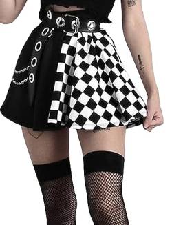 SEAUR Damen Gothic Rock Schwarz Weiß Kariert Punk Minirock Kurz Steampunk Skirt Cosplay Party Club Wear High Waist A Linie Goth Rock - S von SEAUR