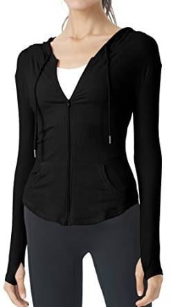 SEAUR Damen Laufjacke Dünn Leicht Sportjacke mit Kapuze Joggen Yoga Jacke Reißverschluss Sweatjacke Daumenlöcher Trainingsjacke Schwarz - S von SEAUR