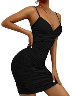 SEAUR Damen Minikleid Spaghetti Kleid Sommer Figurbetontes Kleid Sexy V-Ausschnitt Cami Kleider Schwarz Partykleid Abendkleid XS-L - M von SEAUR