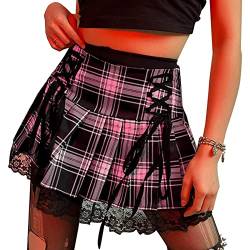 SEAUR Damen Minirock Kariert Gothic Punk Plissee Rock Kurz High Waist Faltenrock A-Linie Spitze Steampunk Skirt Cosplay Party Club Wear - M von SEAUR