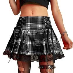 SEAUR Damen Minirock Kariert Gothic Punk Plissee Rock Kurz High Waist Faltenrock A-Linie Spitze Steampunk Skirt Cosplay Party Club Wear - M von SEAUR