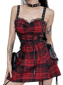 SEAUR Damen Punk Gothic Kleid Kariert Retro Y2K Minikleid Bodycon Schnürkleid Partykleid Clubwear Cosplay Kostüm - S von SEAUR