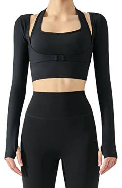 SEAUR Damen Sport Oberteil Langarm Crop Top Yoga Fitness 2 in 1 Laufshirt Longsleeve T-Shirt Eng Kurz Gym Top Neckholder Sportshirt - S von SEAUR