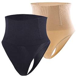 SEAUR Damen-Unterhose mit hoher Taille, figurformend, flacher Bauch, String, elastisch, Thong Shapewear, A - Schwarz + Beige, L von SEAUR