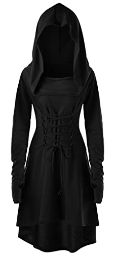 SEAUR Gothisches Damenkleid mit Kapuze Kostüm Cosplay Karneval Renaissance Retro Mittelalterliches Kleid Lange Ärmel für Halloween Cosplay Party, A-schwarz, XL von SEAUR