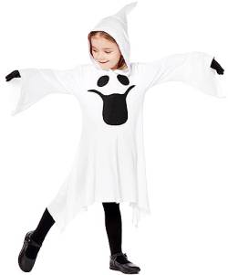SEAUR Halloween Kostüm Kinder Weiß Geist Umhang mit Kapuze Handschuhe Gespenst Kinderkostüme mit Geistergesicht für Party Karneval Fasching Cosplay 90-105 cm von SEAUR