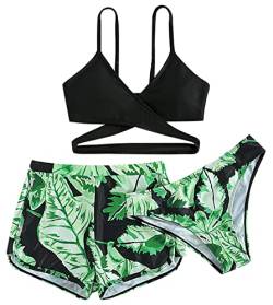 SEAUR Kinder Bikini Mädchen 3 Teilig Set mit Shorts Grüne Blätter Badeanzug Hawaii Schwimmanzug Sommer Strand Schwimmen Bademode Swimming Swimsuit - 14 Jahre von SEAUR