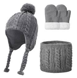 SEAUR Kinder Mütze Schal Handschuhe Set Jungen Mädchen Strickmütze mit Ohren Herbst Winter 1-6 Jahre von SEAUR