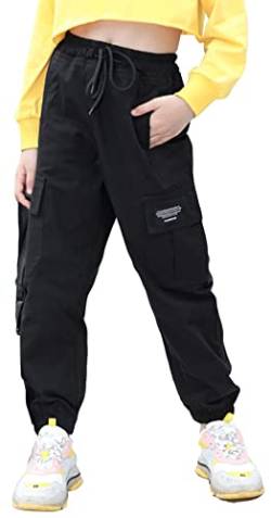 SEAUR Mädchen Freizeithose Cargo Hose mit Elastischem Bund Mädchen Jogger Hose für Tanz Hip-hop Fotoshooting Schwarz 2 12-13 Jahre (160cm) von SEAUR