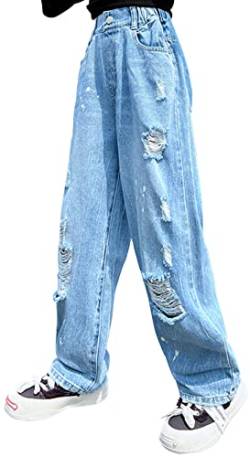 SEAUR Mädchen Jeans Teenager Cargo Hosen Baggy Schlaghose 120-170cm Gummibund Weites Bein Gerade Denim Jeans Bootcut Vintage Casual Cargohose - 10-11 Jahre von SEAUR