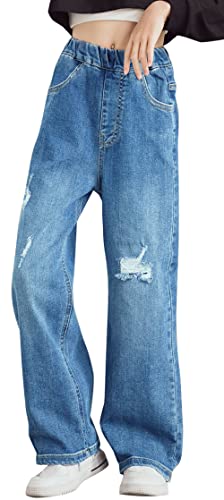 SEAUR Mädchen Jeanshosen Kinder Jeans mit Elastischer Bund Weitem Bein Blaue Jeanshose für Mädchen Blau 1 140 (4XL) von SEAUR