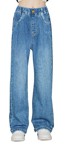 SEAUR Mädchen Jeanshosen Kinder Jeans mit Elastischer Bund Weitem Bein Blaue Jeanshose für Mädchen Blau 2 110 (XL) von SEAUR