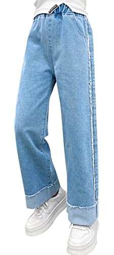 SEAUR Mädchen Jeanshosen Kinder Jeans mit Elastischer Bund Weitem Bein Blaue Jeanshose für Mädchen Blau 3 140 (4XL) von SEAUR